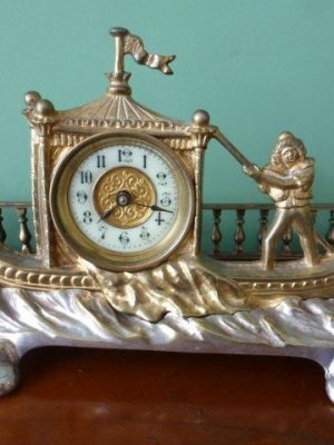 A Small Brass Silvered & Gilded Desk Clock